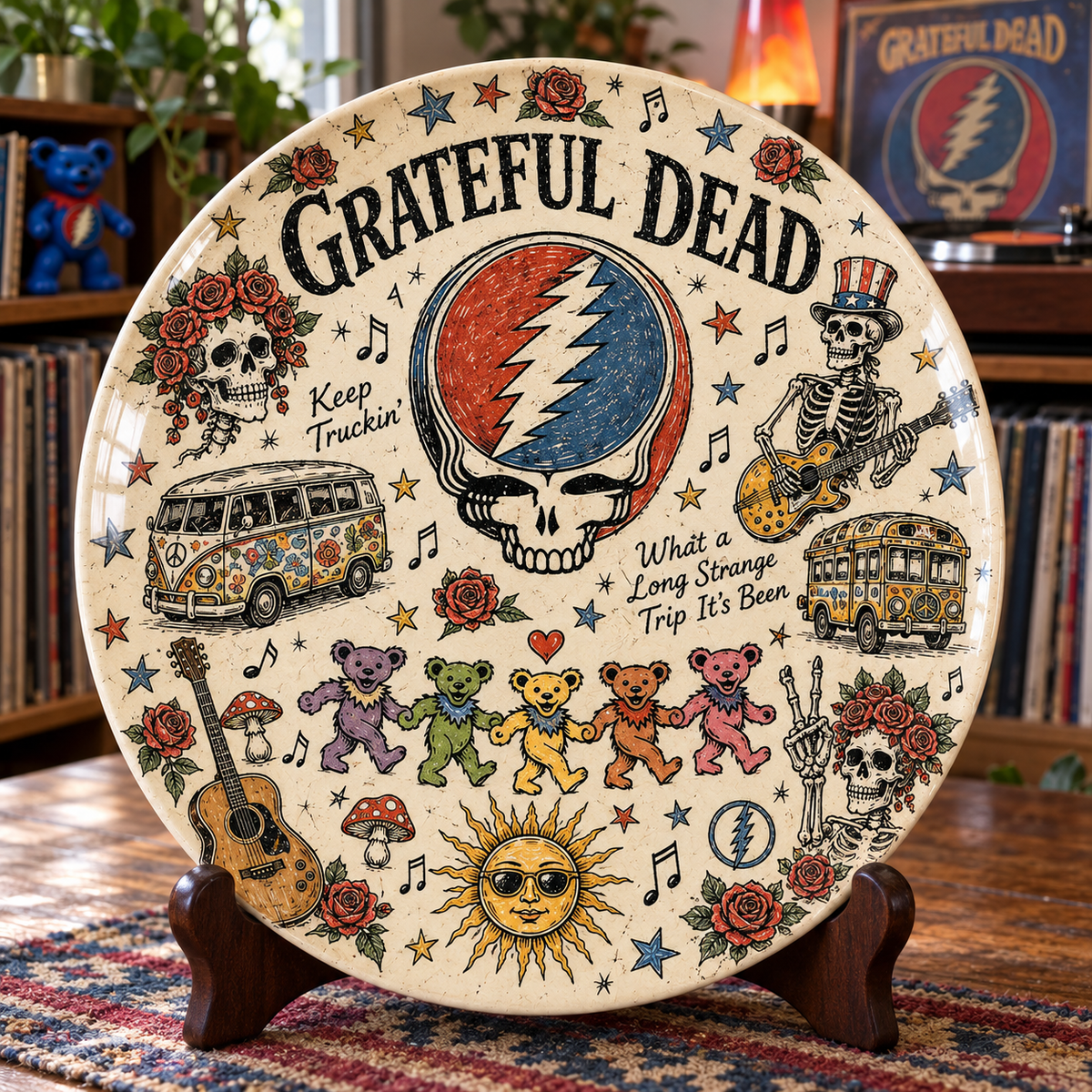 Grateful Dead Sketch Art Ceramic Plate - Decorative Wall & Table Display Dish, Steal Your Face Dancing Bears Rock Fan Gift