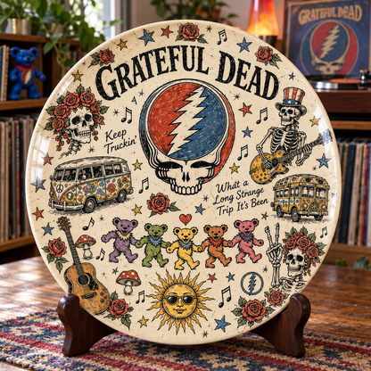 Grateful Dead Sketch Art Ceramic Plate - Decorative Wall & Table Display Dish, Steal Your Face Dancing Bears Rock Fan Gift