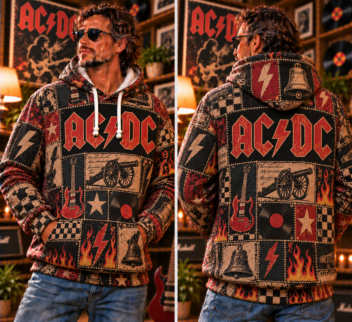 AC/DC Patchwork Hoodie – Vintage Hard Rock Band Graphic Pullover, Highway to Hell & Hells Bells Inspired Hoodie, Retro AC/DC Fan Gift