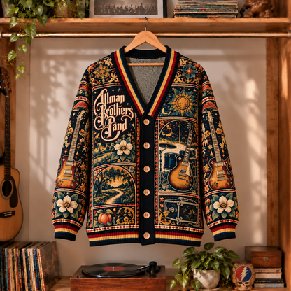 The Allman Brothers Band Vintage Knit Cardigan- Premium Southern Rock Music Merchandise, Retro Electric Guitar & Peach Graphic Button Up Top