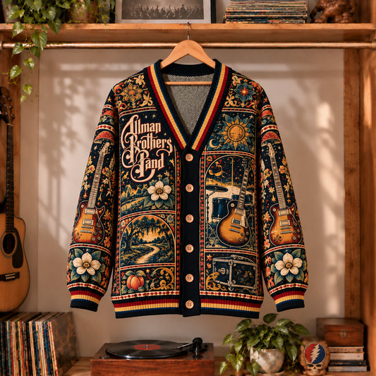 The Allman Brothers Band Vintage Knit Cardigan- Premium Southern Rock Music Merchandise, Retro Electric Guitar & Peach Graphic Button Up Top