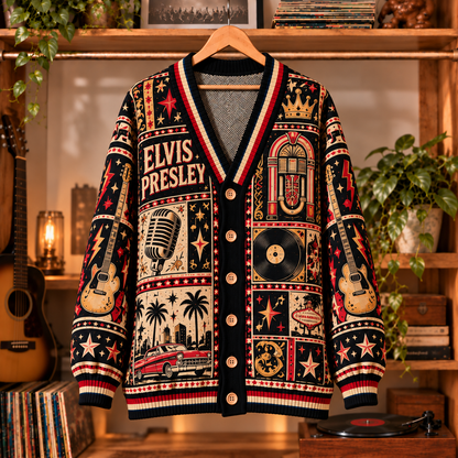 Elvis Presley Retro Graphic Cardigan - Vintage Singer Knit Outerwear, Rock Legend Fan Apparel & Fashion Style Gift
