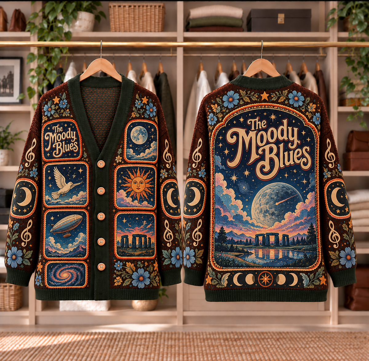 The Moody Blues Patchwork Cardigan - Casual Button Sweater, Celestial Airship Prog Rock Music Fan Gift