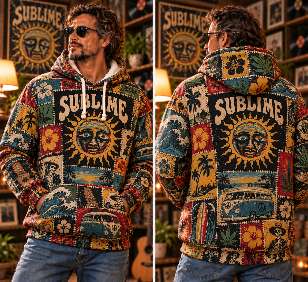 Sublime Patchwork Hoodie – Vintage Reggae Rock Graphic Pullover, Sun Face & Tropical Floral Design, Retro 90s Ska Punk Sweatshirt