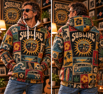 Sublime Patchwork Hoodie – Vintage Reggae Rock Graphic Pullover, Sun Face & Tropical Floral Design, Retro 90s Ska Punk Sweatshirt