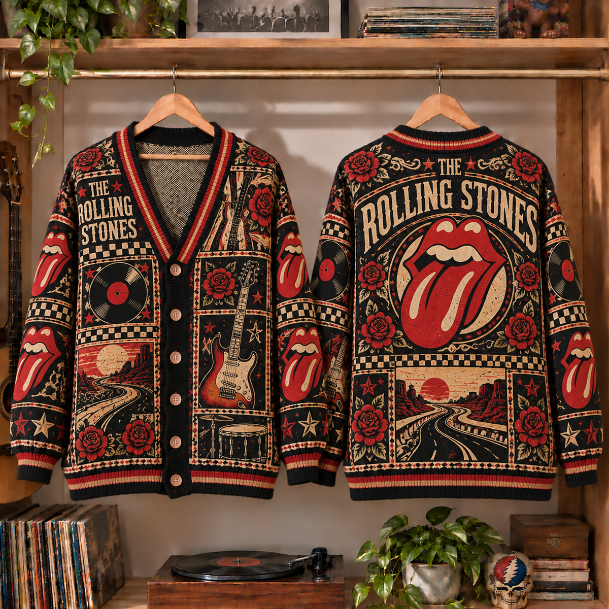 The Rolling Stones Retro Rock Knit Cardigan - Vintage Style Classic Rock Button Down Sweater, Unique British Invasion Band Merchandise Fan Outfit