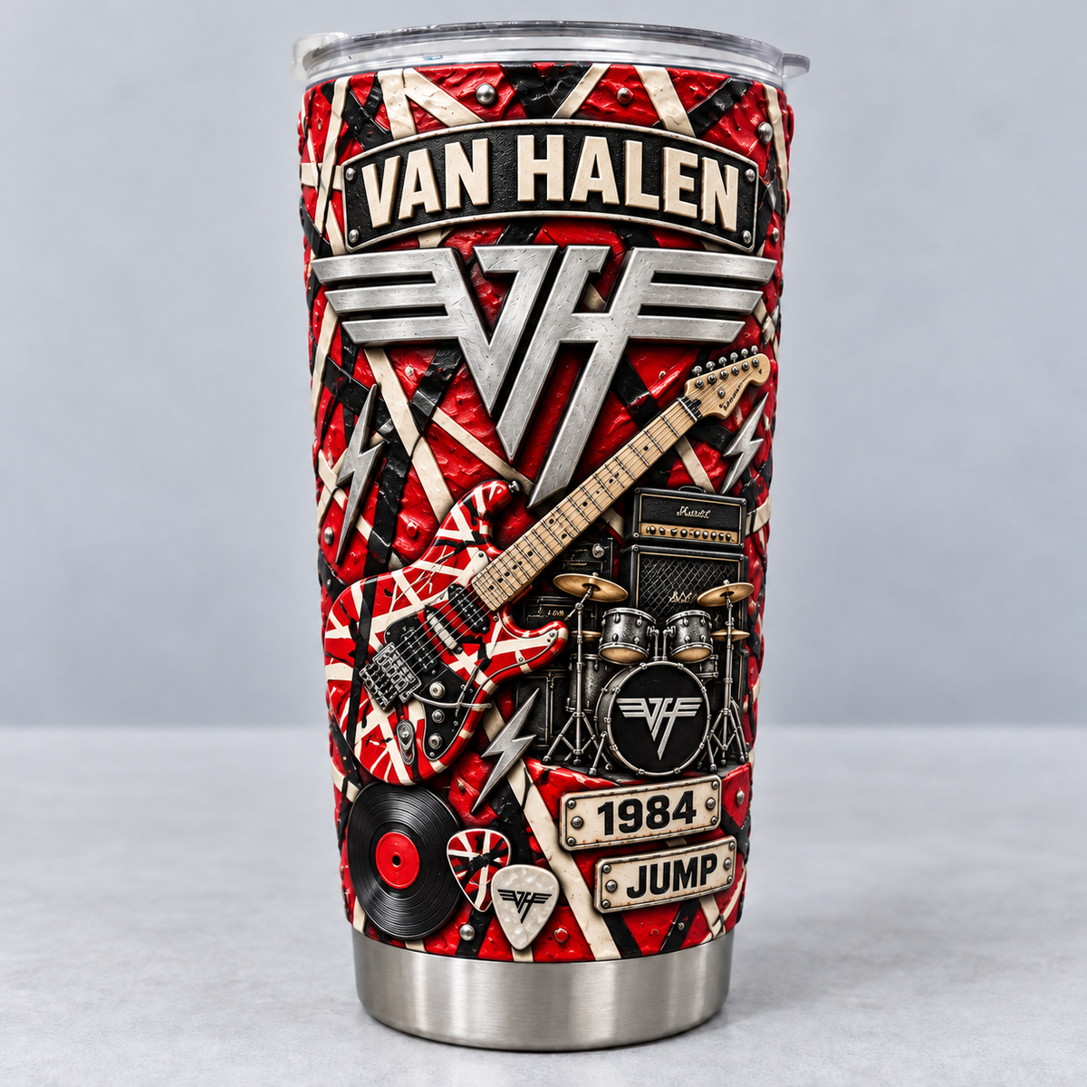 Van Halen 3D Printed Tumbler - 20oz Stainless Steel Insulated Travel Coffee Mug with Lid - Hard Rock Band Music Merchandise Gift