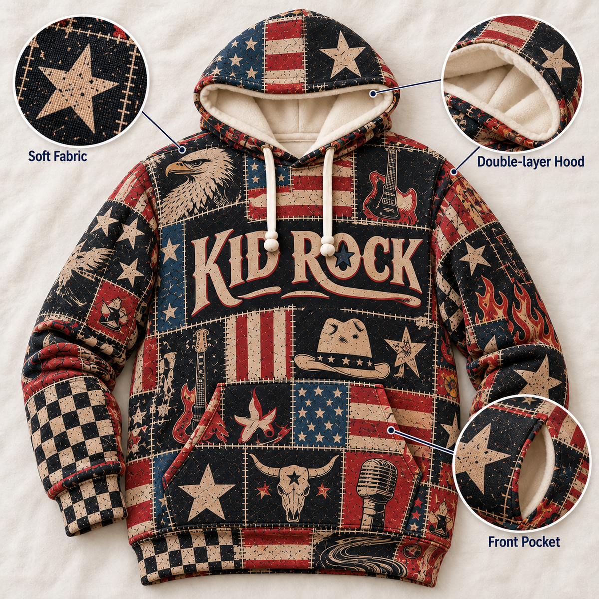 Kid Rock Patchwork Hoodie – Vintage American Rock Graphic Pullover, Patriotic USA Flag & Cowboy Design, Retro Country Rock Fan Gift, Unisex Sweatshirt