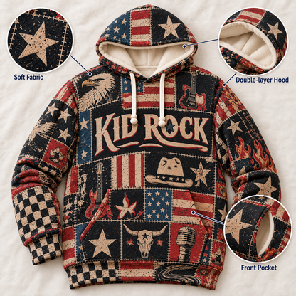 Kid Rock Patchwork Hoodie – Vintage American Rock Graphic Pullover, Patriotic USA Flag & Cowboy Design, Retro Country Rock Fan Gift, Unisex Sweatshirt