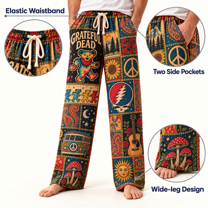Grateful Dead Pajama Pants - Patchwork Dancing Bear Art Sleepwear | Comfortable Music Fan Lounge Pants