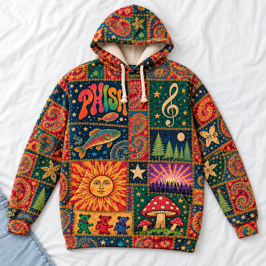Phish Patchwork Hoodie – Vintage Psychedelic Jam Band Pullover, Colorful Dancing Bears Mushroom Graphic Hoodie, Retro Phish Fan Gift