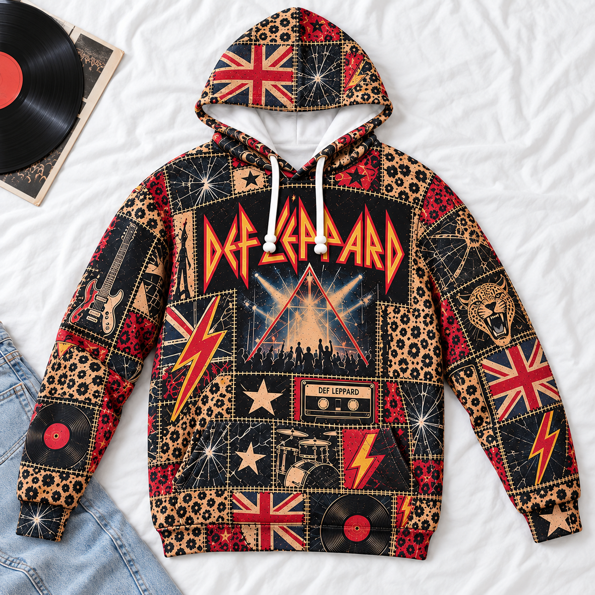 Def Leppard Patchwork Hoodie – Vintage 80s Rock Band Graphic Pullover, Retro British Hard Rock Hoodie, Def Leppard Fan Gift