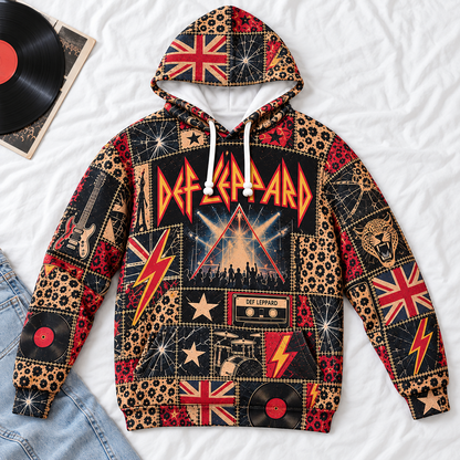 Def Leppard Patchwork Hoodie – Vintage 80s Rock Band Graphic Pullover, Retro British Hard Rock Hoodie, Def Leppard Fan Gift