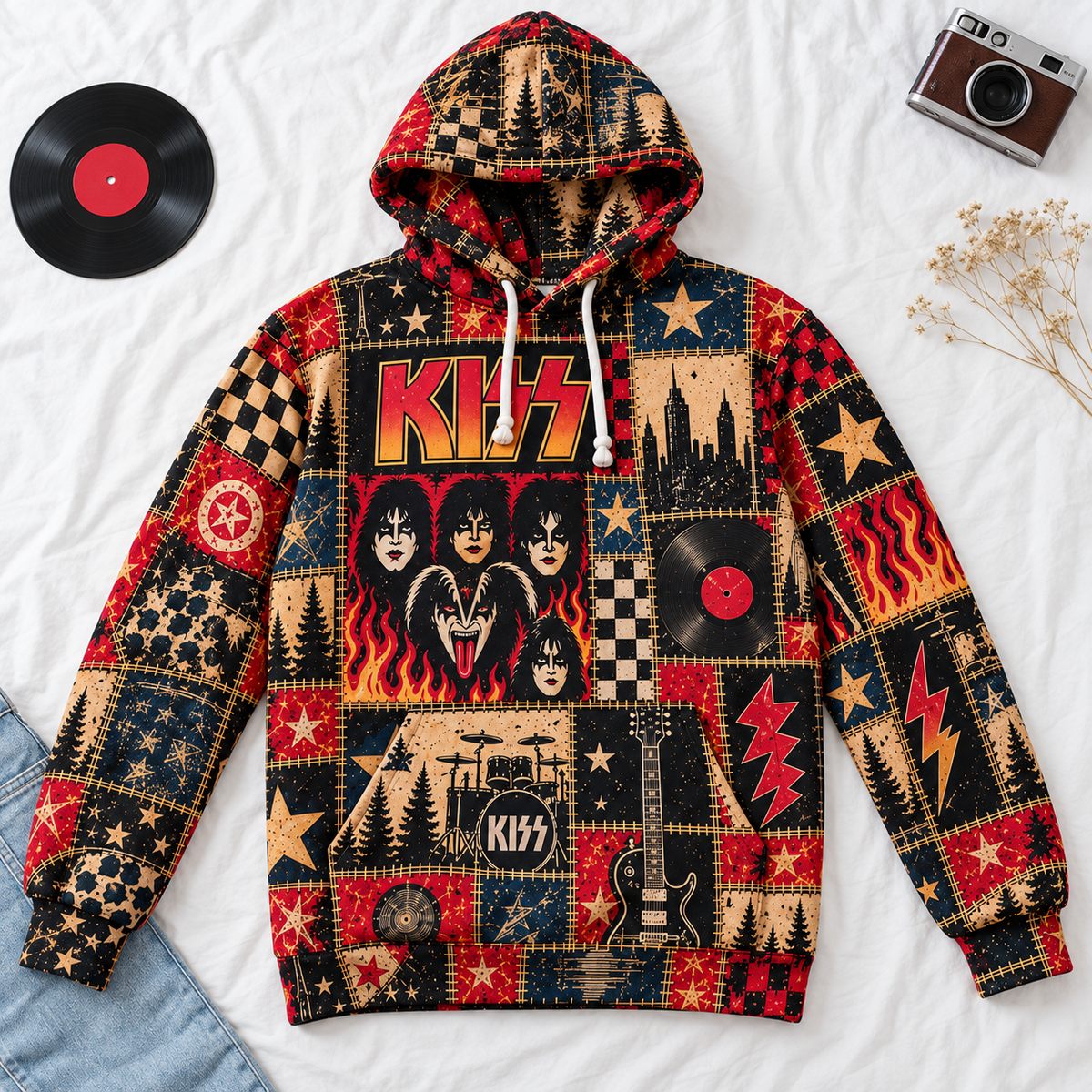 KISS Patchwork Hoodie – Vintage Rock Band Graphic Pullover, Retro Rock and Roll Music Hoodie, KISS Army Fan Gift
