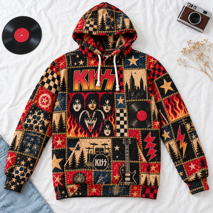 KISS Patchwork Hoodie – Vintage Rock Band Graphic Pullover, Retro Rock and Roll Music Hoodie, KISS Army Fan Gift