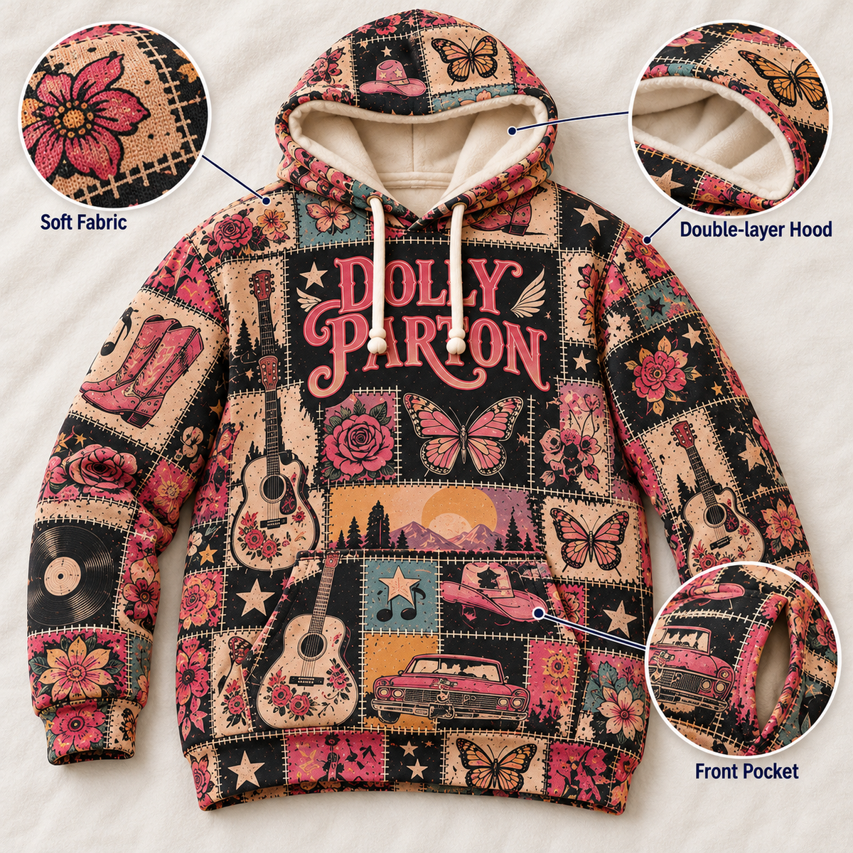Dolly Parton Patchwork Hoodie – Vintage Country Music Graphic Pullover, Retro Western Floral Hoodie, Dolly Parton Fan Gift