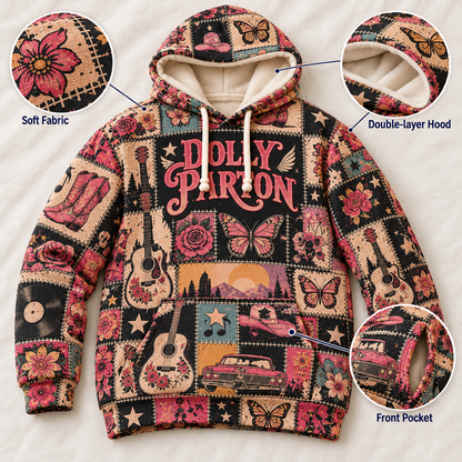 Dolly Parton Patchwork Hoodie – Vintage Country Music Graphic Pullover, Retro Western Floral Hoodie, Dolly Parton Fan Gift