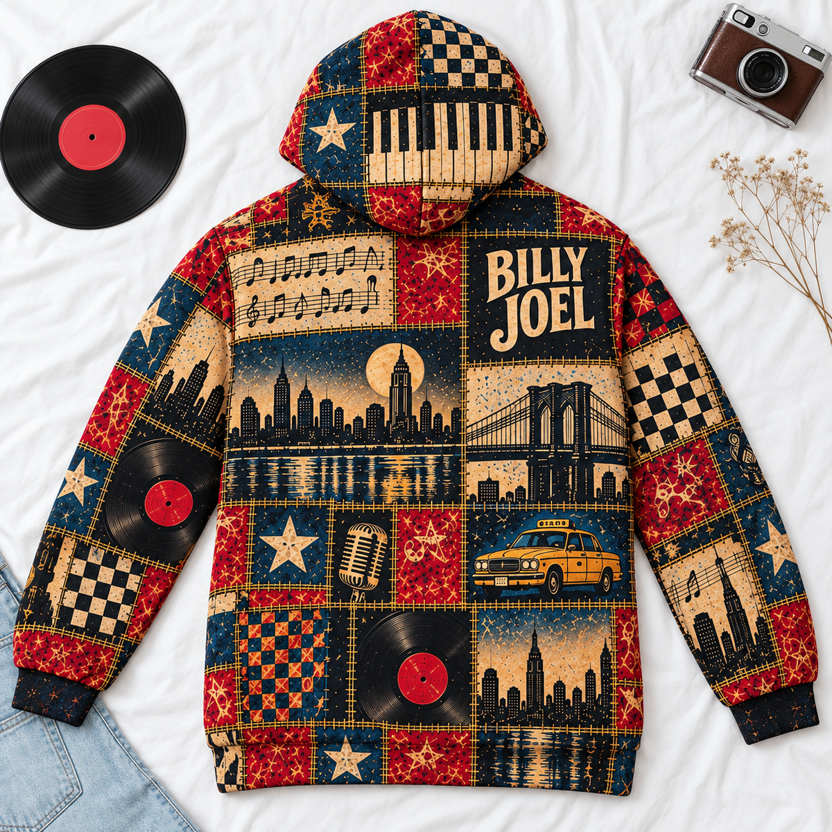 Billy Joel Patchwork Sherpa Hoodie – Piano Man Vintage Music Pullover, New York City Graphic Hoodie, Classic Rock Fan Gift