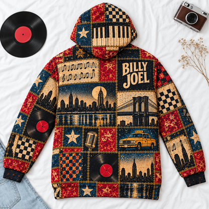 Billy Joel Patchwork Sherpa Hoodie – Piano Man Vintage Music Pullover, New York City Graphic Hoodie, Classic Rock Fan Gift
