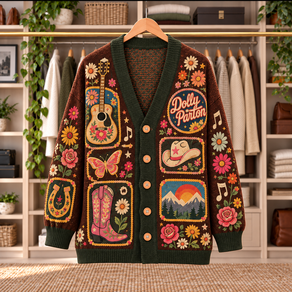 Dolly Parton Patchwork Cardigan - Casual Oversized Button Sweater, Cowboy Hat Boots Country Music Fan Gift