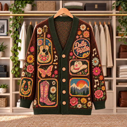 Dolly Parton Patchwork Cardigan - Casual Oversized Button Sweater, Cowboy Hat Boots Country Music Fan Gift
