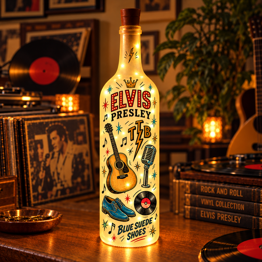 Elvis Presley Vintage Lighted Bottle Lamp - Premium Rock 'n' Roll Merchandise, TCB & Graceland LED Fairy Light Up Bottle Night Light Decor Gift