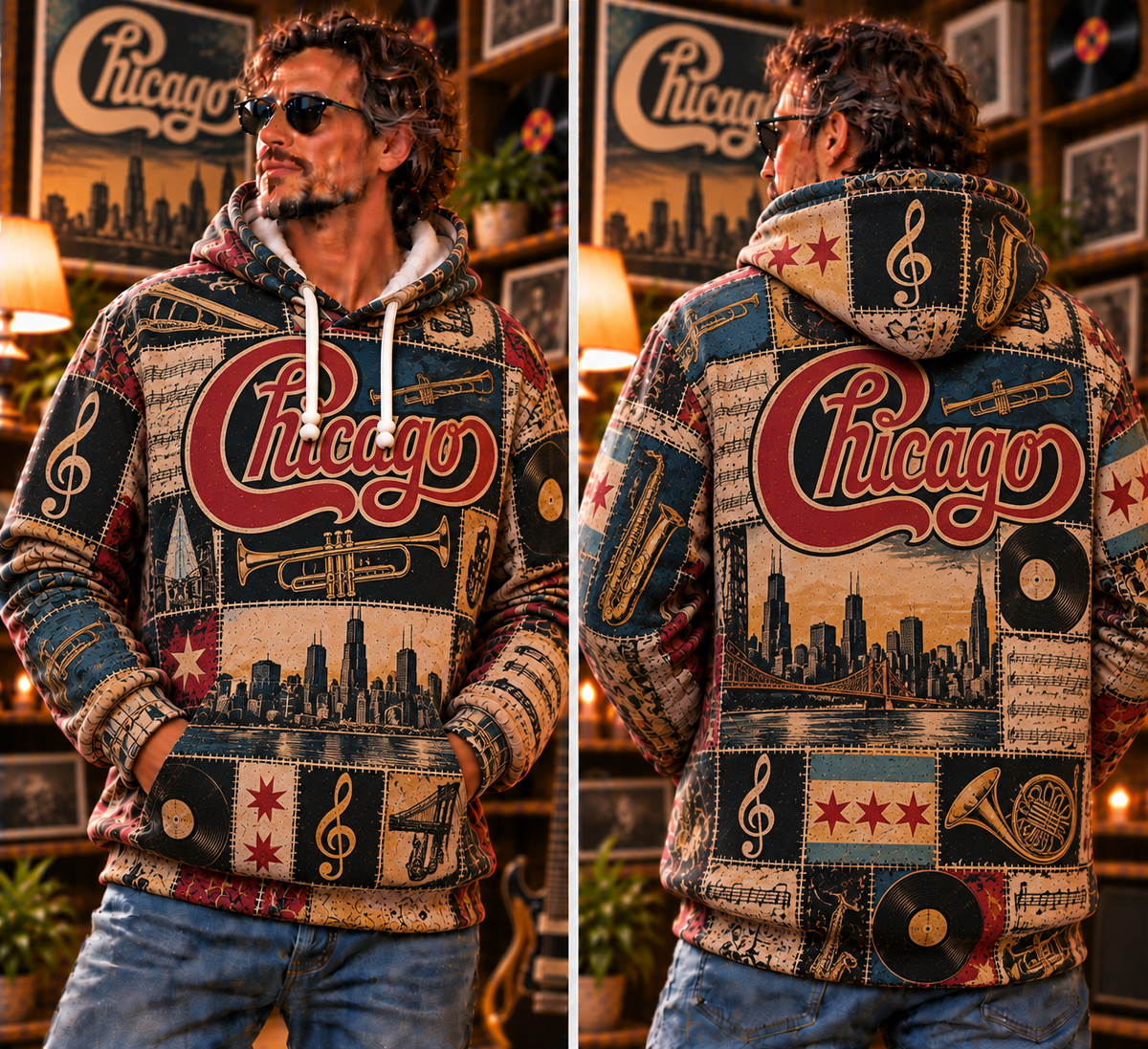 Chicago Band Patchwork Hoodie – Vintage Classic Rock Graphic Pullover, Retro 70s 80s Music Hoodie, Chicago Fan Gift