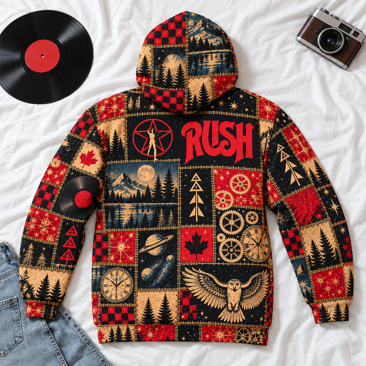 Rush Patchwork Hoodie – Vintage Progressive Rock Band Graphic Pullover, 2112 Starman Inspired Hoodie, Retro Music Lover Gift