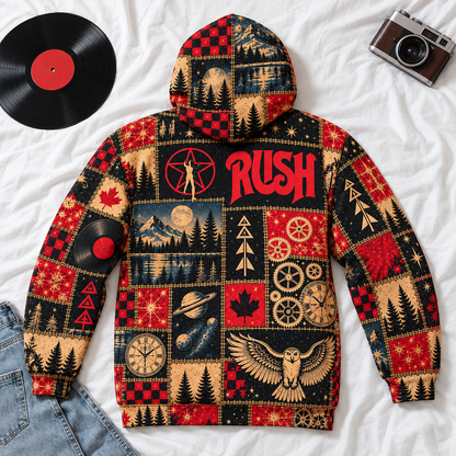 Rush Patchwork Hoodie – Vintage Progressive Rock Band Graphic Pullover, 2112 Starman Inspired Hoodie, Retro Music Lover Gift