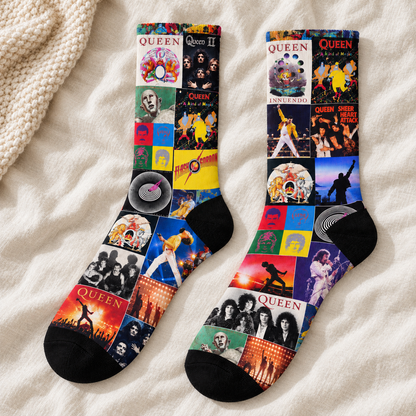 Queen Classic Rock Collage Middle Tube Socks - Vintage Album Art & Freddie Mercury Wembley Live Silhouette Printed Crew Socks - Comfortable Music Fan Novelty Gift