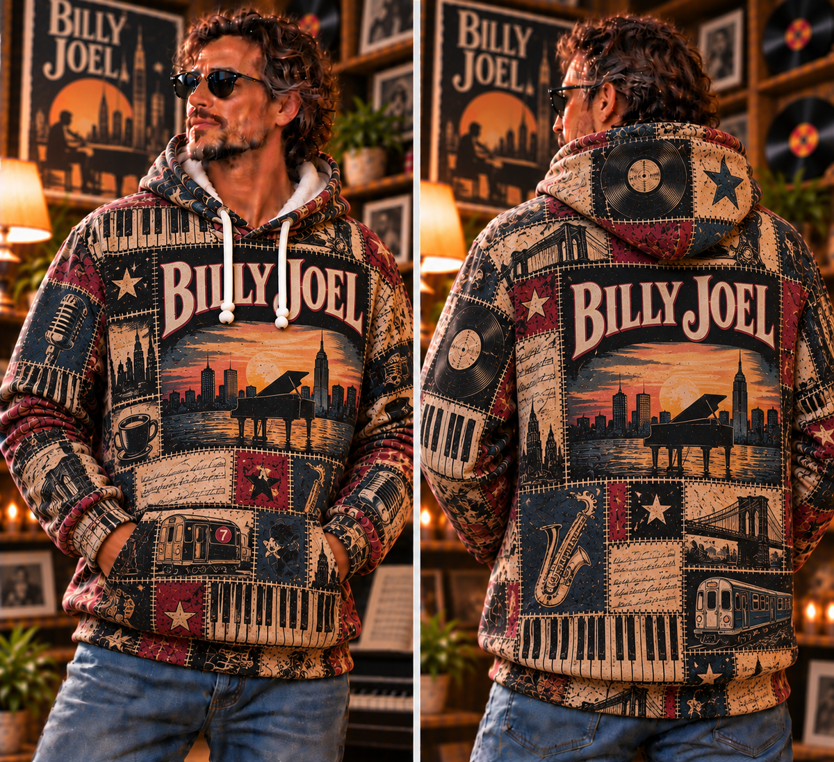 Billy Joel Patchwork Hoodie – Vintage Piano Man Graphic Pullover, Retro New York Rock Music Hoodie, Classic Rock Fan Gift