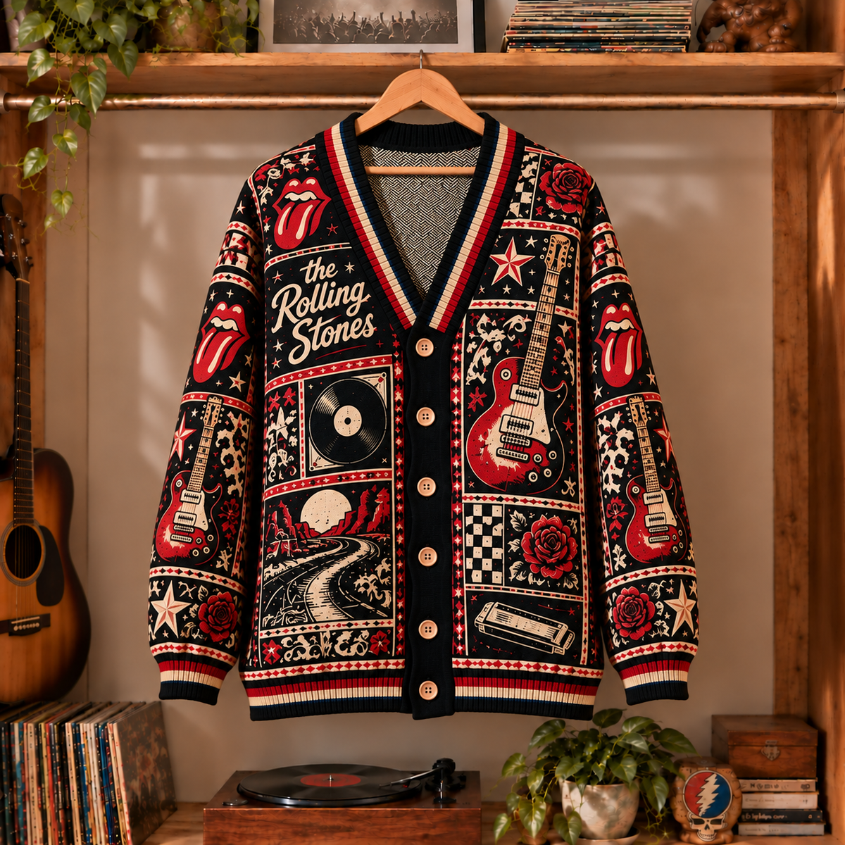 The Rolling Stones Knit Cardigan - Official Classic Rock Merchandise, Vintage Style Long Sleeve Button Down Outerwear Fan Gift