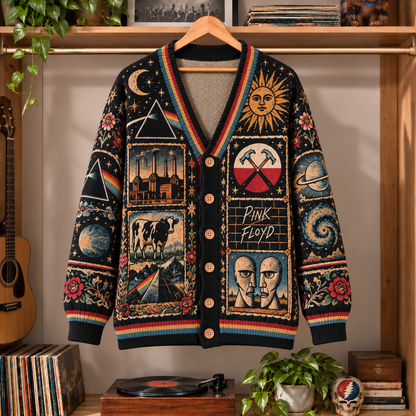 Pink Floyd Retro Rock Knit Cardigan - Vintage Style Prog Rock Button Down Sweater, Unique Classic Album Art Merchandise Fan Outfit