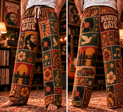 Marvin Gaye Pajama Pants - Vintage Patchwork Soul Music Portrait & Vinyl Art Lounge Pants with Elastic Waistband, Adjustable Drawstring