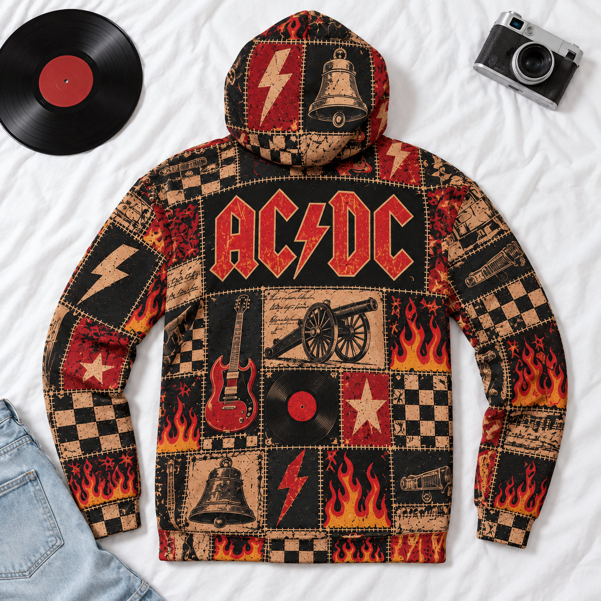 AC/DC Patchwork Hoodie – Vintage Hard Rock Band Graphic Pullover, Highway to Hell & Hells Bells Inspired Hoodie, Retro AC/DC Fan Gift