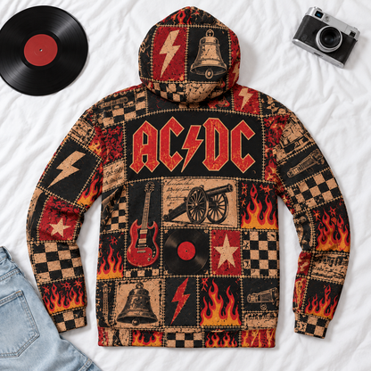 AC/DC Patchwork Hoodie – Vintage Hard Rock Band Graphic Pullover, Highway to Hell & Hells Bells Inspired Hoodie, Retro AC/DC Fan Gift