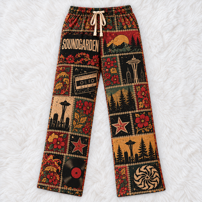 Soundgarden Pajama Pants - Retro Patchwork Cassette Tape, Vinyl Record & Pacific Northwest Forest Art Sleepwear - Comfortable Pajama Pants for Music Fans