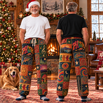 Phish Classic Jam Band Pajama Pants - Retro Patchwork Fish Art, Donut Pattern & Tie-Dye Sleepwear - Comfortable Pajama Bottoms for Music Fans & Collectors Gift