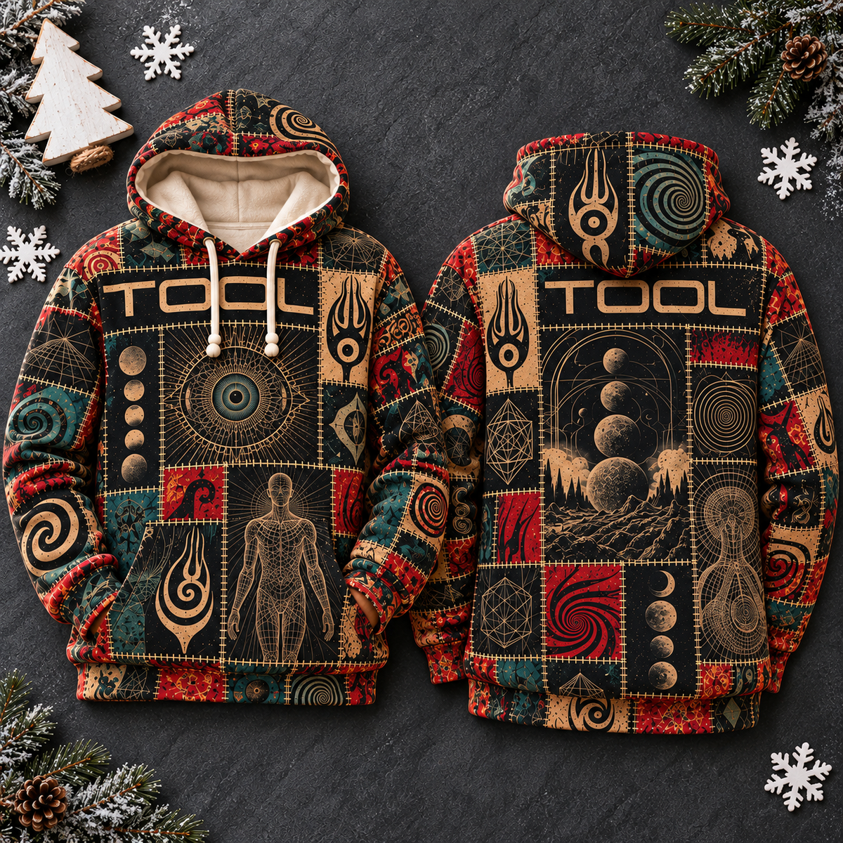 Tool Patchwork Hoodie – Vintage Progressive Metal Graphic Pullover, Lateralus & Sacred Geometry Inspired Design