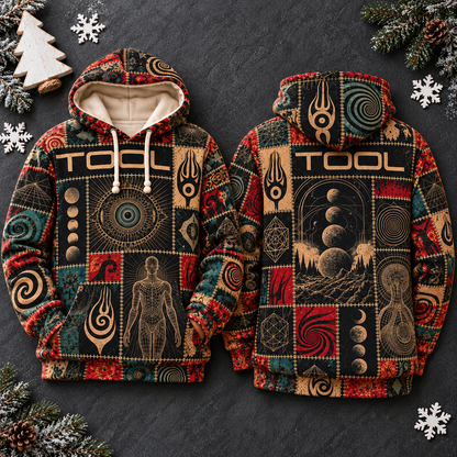 Tool Patchwork Hoodie – Vintage Progressive Metal Graphic Pullover, Lateralus & Sacred Geometry Inspired Design
