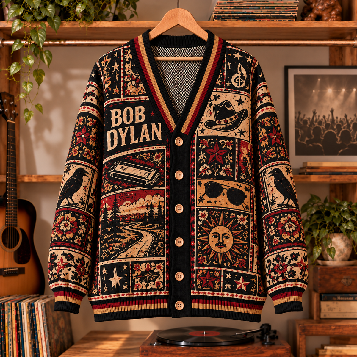 Bob Dylan Retro Graphic Cardigan - Vintage Folk Singer Knit Outerwear, Music Icon Fan Apparel & Fashion Style Gift