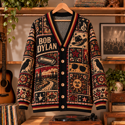 Bob Dylan Retro Graphic Cardigan - Vintage Folk Singer Knit Outerwear, Music Icon Fan Apparel & Fashion Style Gift