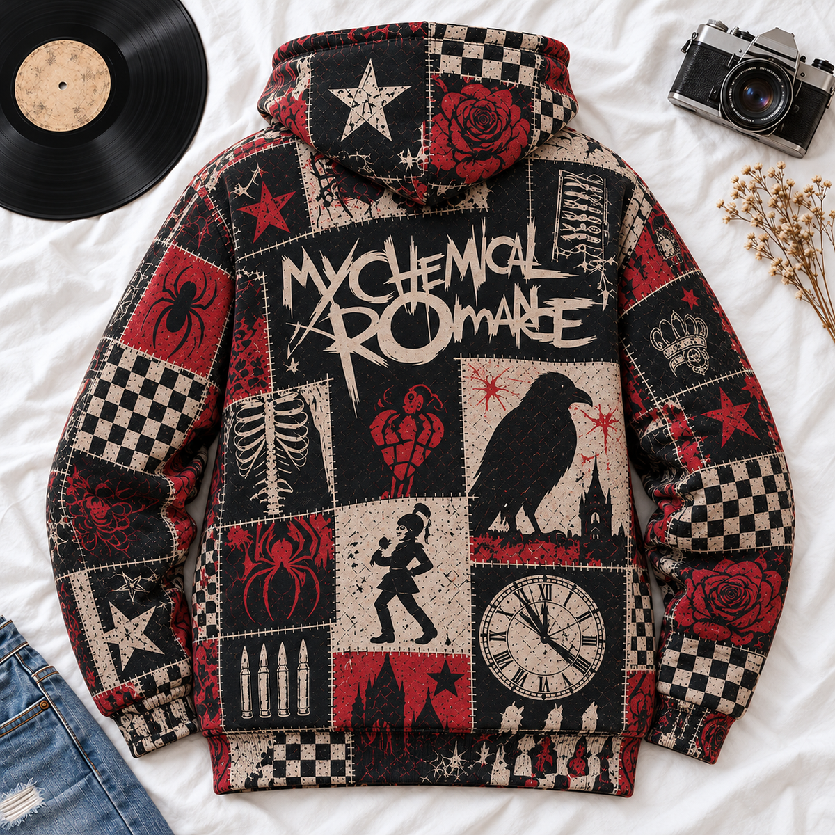 My Chemical Romance Patchwork Hoodie – Vintage Emo Rock Graphic Pullover, The Black Parade Inspired Sweatshirt, MCR Fan Gift, Unisex Alternative Rock Hoodie