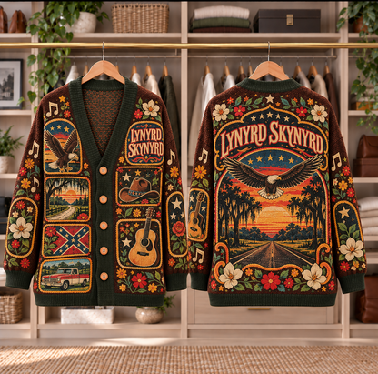 Lynyrd Skynyrd Patchwork Cardigan - Casual Oversized Button Sweater, Eagle Guitar Southern Rock Music Fan Gift