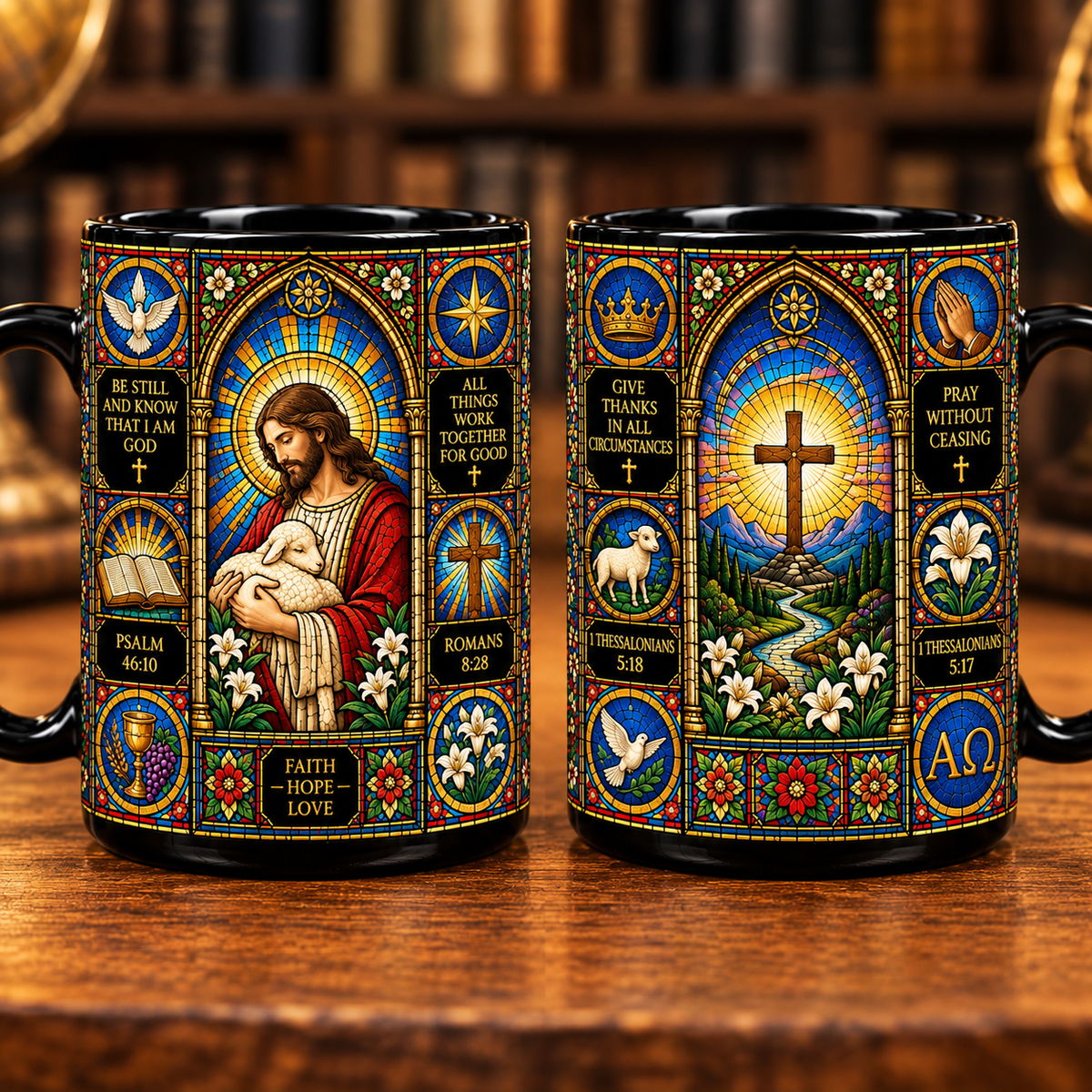 Jesus Christian Stained Glass Mug – Faith Hope Love Coffee Cup, Bible Verse Religious Gift, Christian Gift for Women & Jesus Lovers