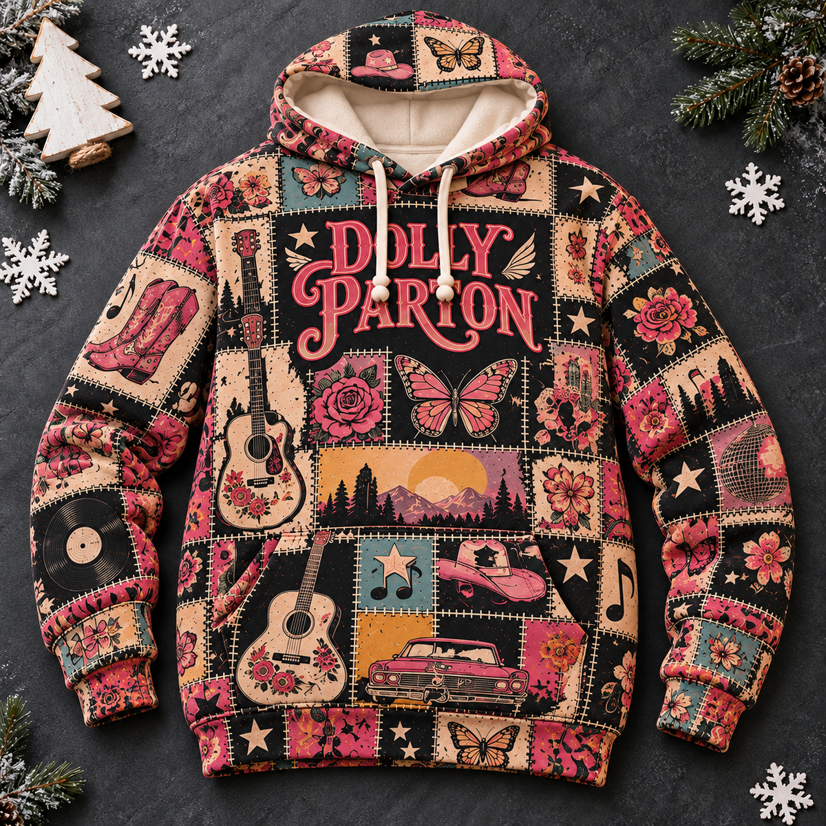 Dolly Parton Patchwork Hoodie – Vintage Country Music Graphic Pullover, Retro Western Floral Hoodie, Dolly Parton Fan Gift