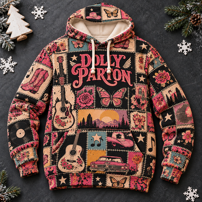 Dolly Parton Patchwork Hoodie – Vintage Country Music Graphic Pullover, Retro Western Floral Hoodie, Dolly Parton Fan Gift