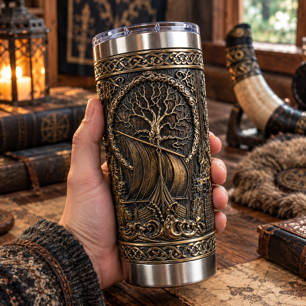 3D Printed Viking Ship & Tree of Life Tumbler - Ancient Norse Mythology Stainless Steel Drinkware