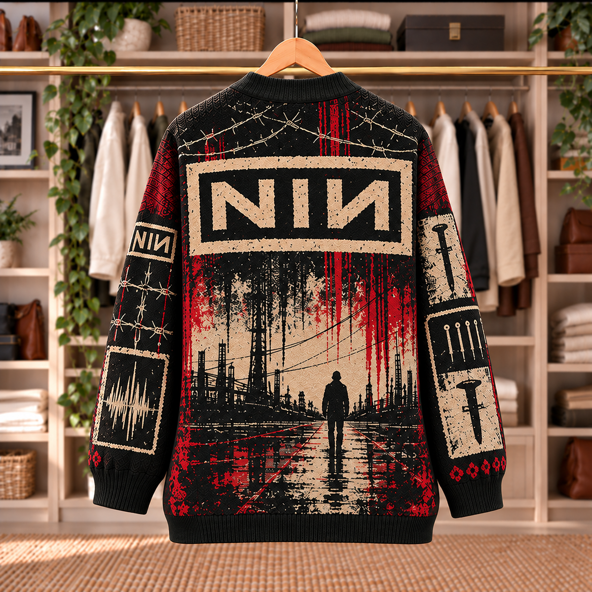 Nine Inch Nails Patchwork Cardigan - Casual Oversized Button Sweater, NIN Industrial Rock Music Fan Gift