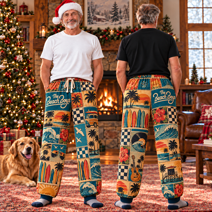 The Beach Boys Patchwork Pajama Pants - Vintage Surf Rock Art & California Sun Lounge Pants with Elastic Waistband, Adjustable Drawstring & Two Side Pockets